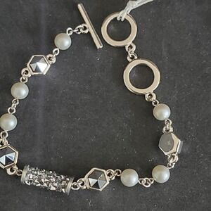 Oliver Weber Swarovski Crystal Pearl Hexagon Toggle Bracelet Silver Tone NEW